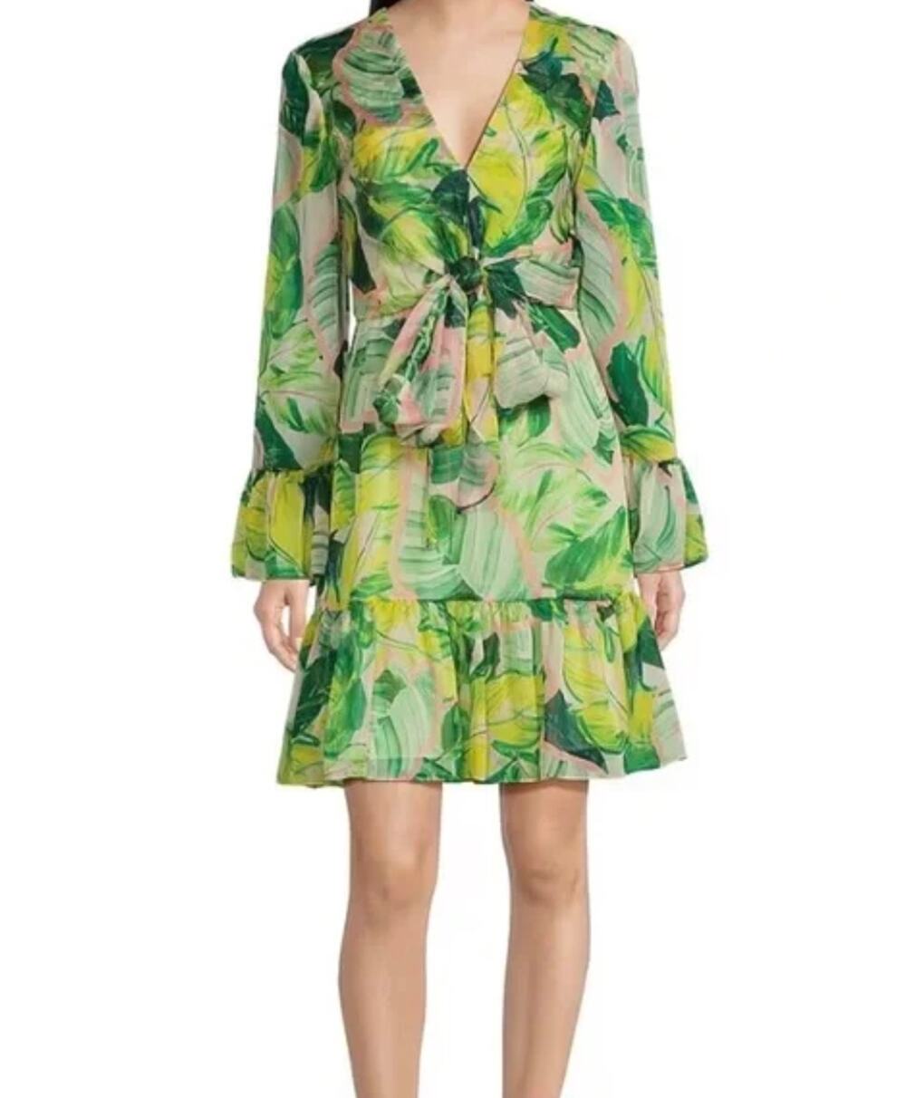 Alex Marie Womens 12 Petite Green Floral Tiered Flare Sleeve Mini Dress NWT